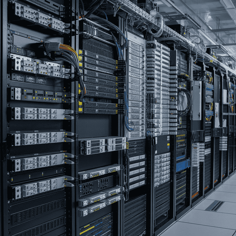 A secure data center with rows of servers and cables, representing the preservation of digital evidence.