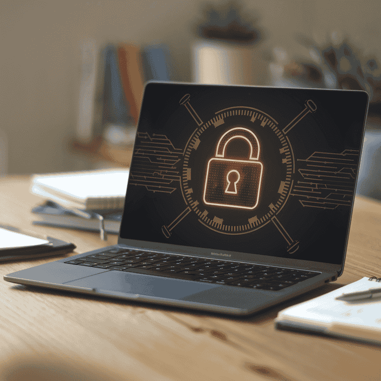 Laptop screen displaying a glowing padlock icon to represent digital asset security.