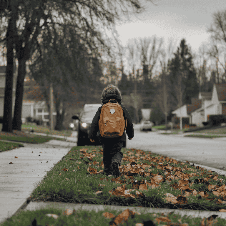 A child walking toward a car in a peaceful neighborhood, symbolizing a smooth and calm custody exchange.