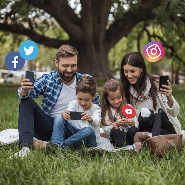 Family photo with social media icons representing the role of social media evidence in custody and parenting cases