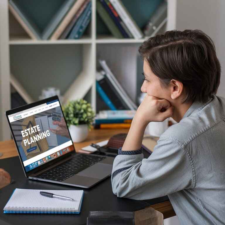 A young person using a laptop to research estate planning, with notes and a pen at hand.