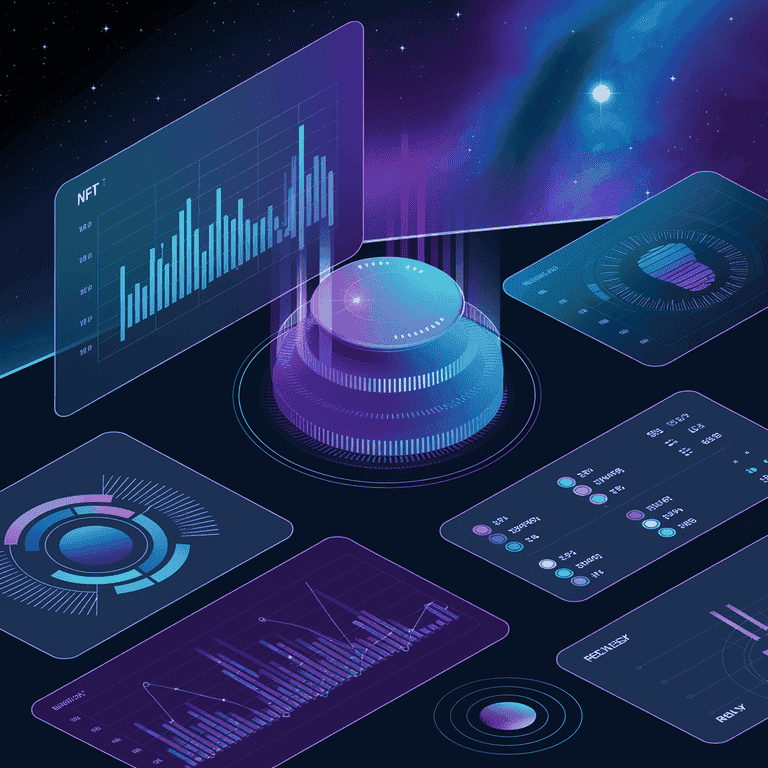 Futuristic dashboard displaying NFT market analytics and trend charts for strategic planning.