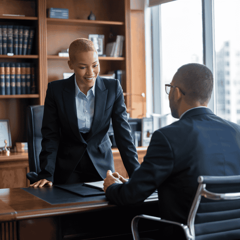 A person consulting with an attorney in an office, discussing strategies for an alimony modification case.