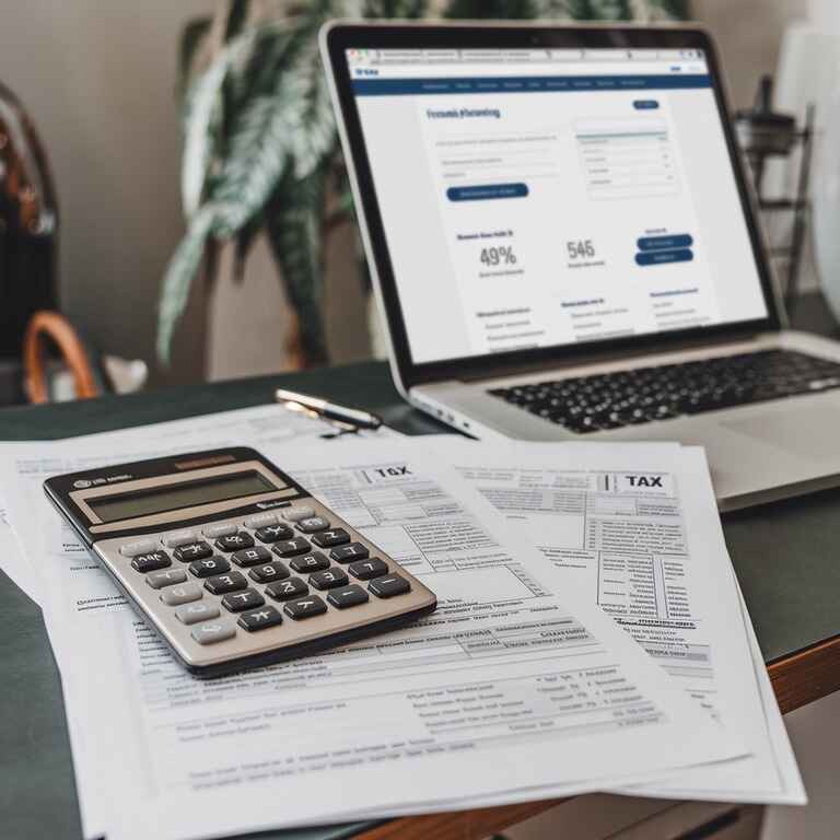 A calculator, tax documents, and a laptop displaying financial planning resources for estate planning.