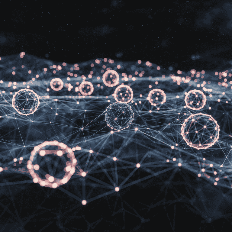 Futuristic digital landscape featuring blockchain nodes and cryptocurrency symbols.