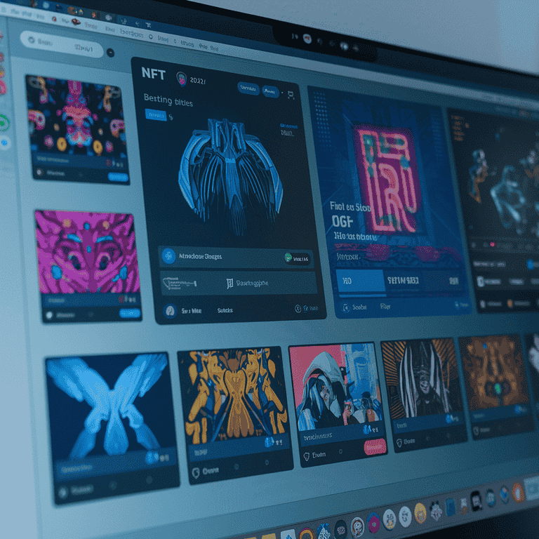 A computer screen showing various NFT betting platforms with features like betting odds and NFT collections.