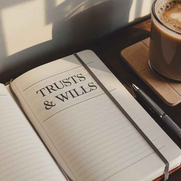 A notebook open to a section about trusts and wills with a pen and coffee cup