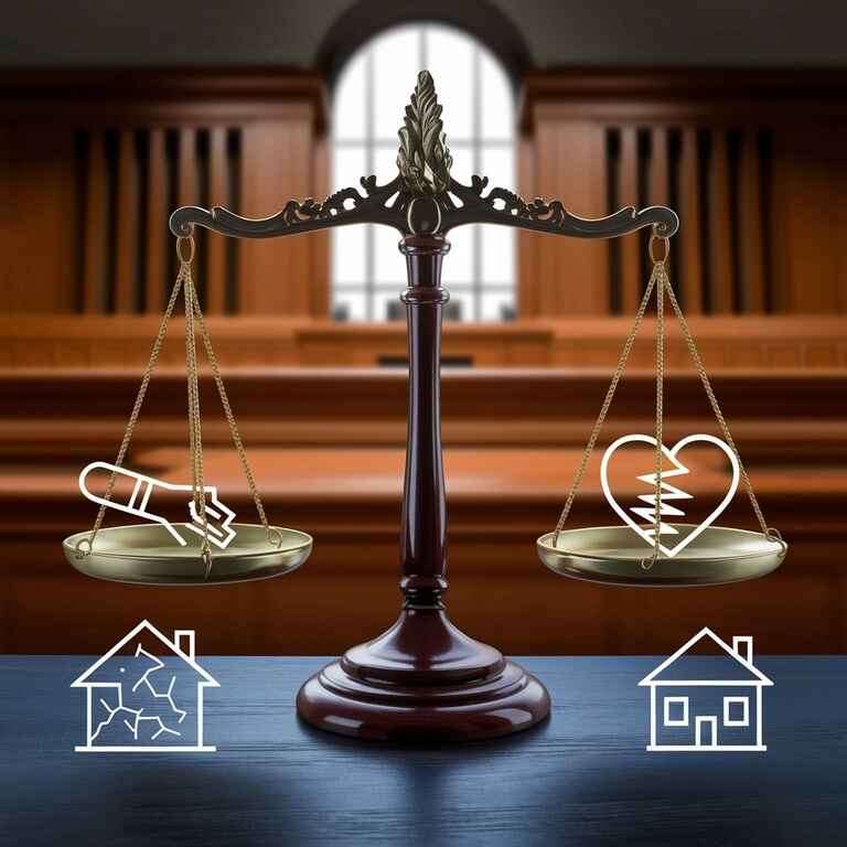 A scale of justice with symbols for injury, emotional distress, and property damage, illustrating the types of damages in VR accident claims.