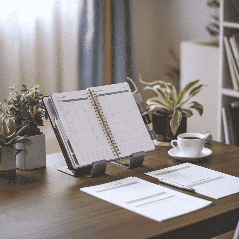  A desk with an open planner, documents, and a cup of coffee, representing the process of revisiting and refining an estate plan.