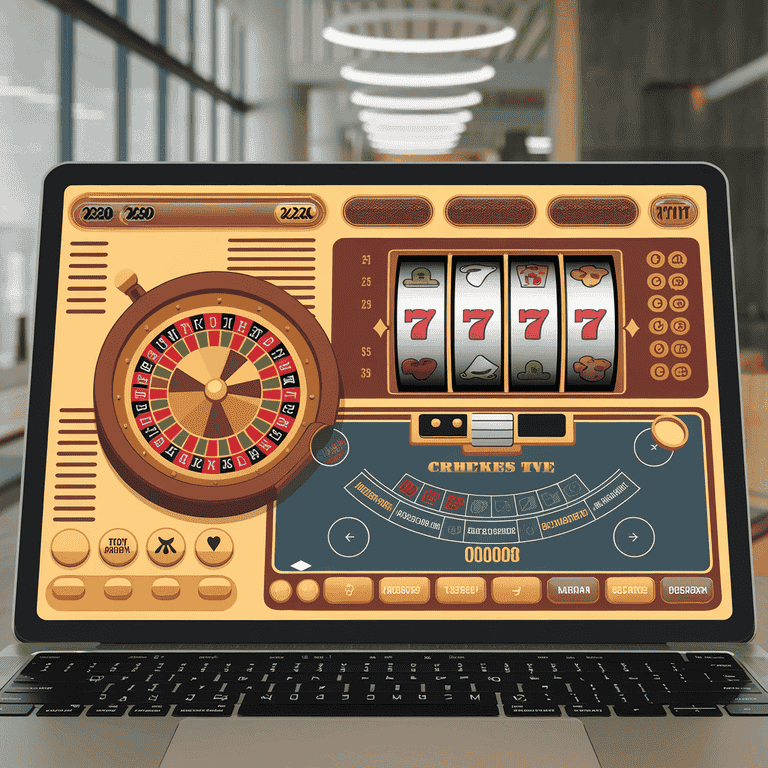 Illustration of a virtual casino interface on a laptop with justice symbols like a gavel and scales in the background