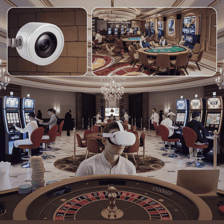 A virtual reality casino environment showing player interactions and data security highlights for liability case studies.