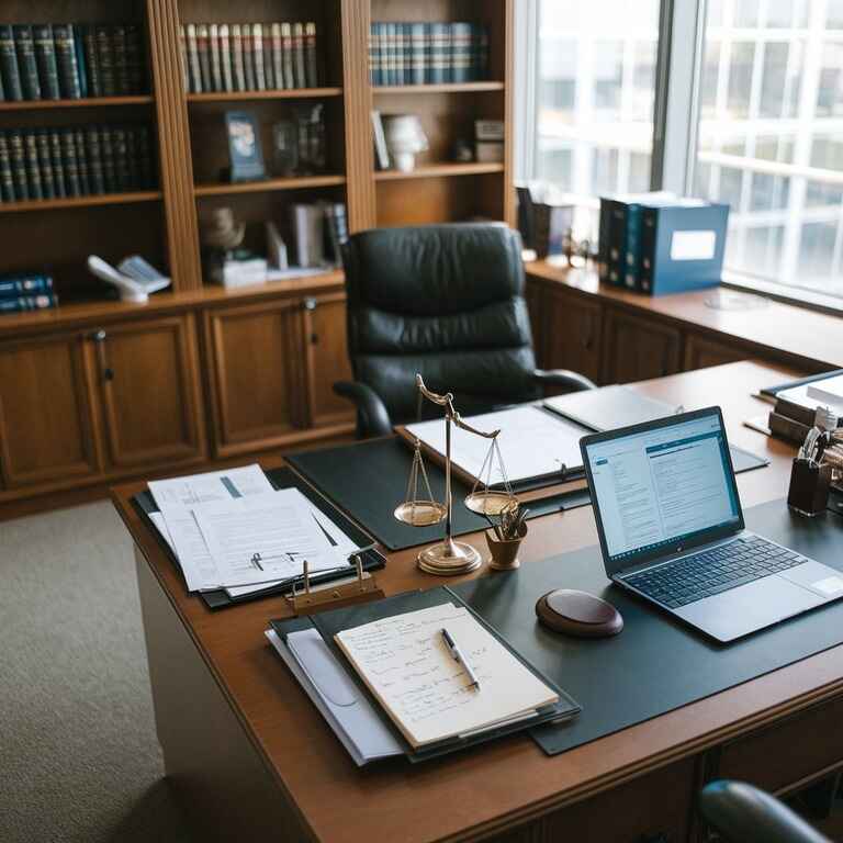 An estate planning attorney's desk with legal documents and a laptop, symbolizing a professional consultation