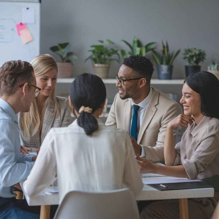 A group of professionals collaborating in a peaceful environment, highlighting the advantages of collaborative law