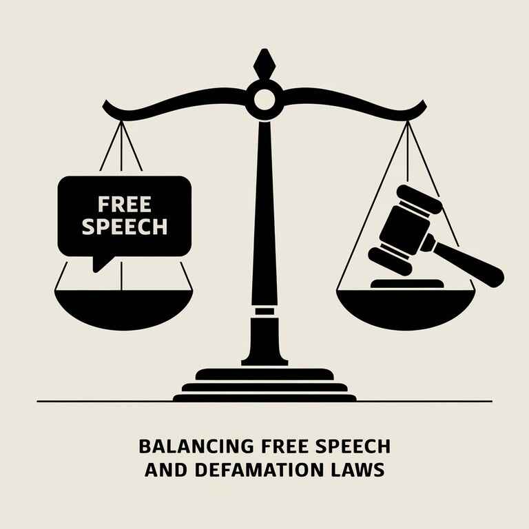 A balanced scale with a speech bubble on one side and a gavel on the other, representing the balance between free speech and defamation laws