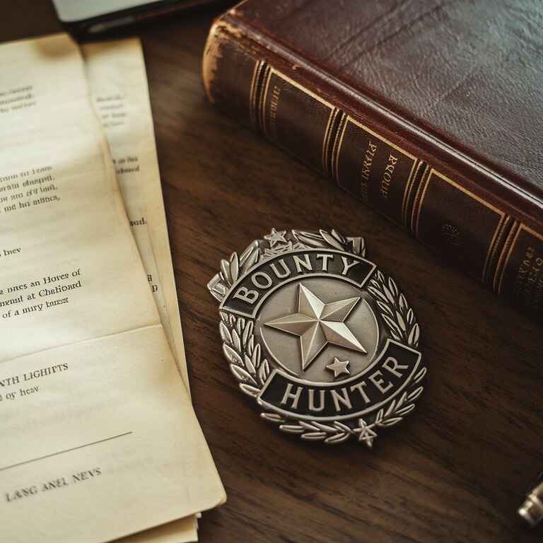 Close-up of a bounty hunter's badge next to legal documents representing rights and duties