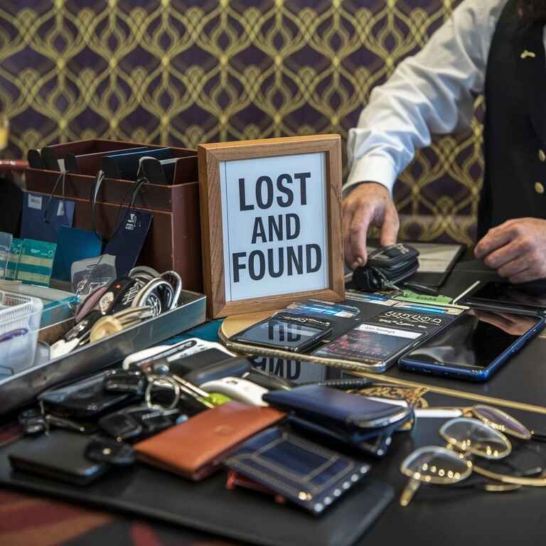 A staff member at a casino lost and found desk organizing found items