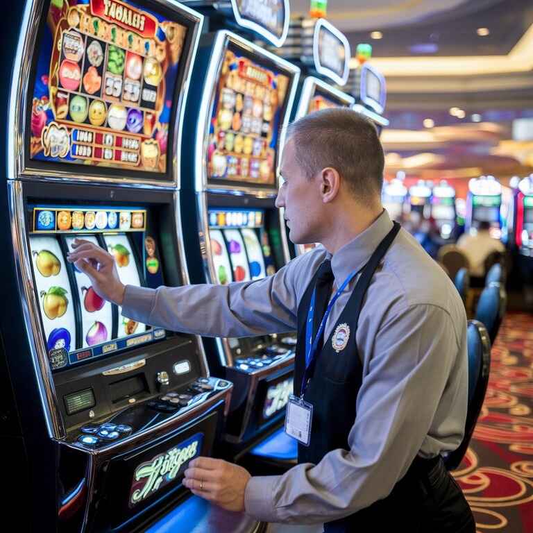 A casino technician performing routine maintenance on a slot machine to prevent malfunctions