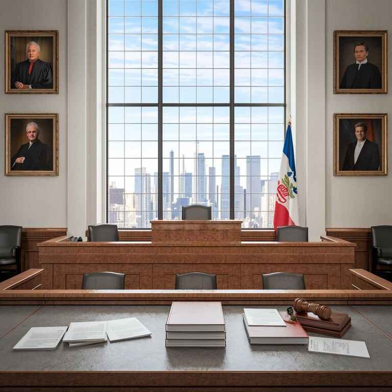 An empty witness stand and legal documents on a courtroom table, representing common challenges and disputes related to subpoenas