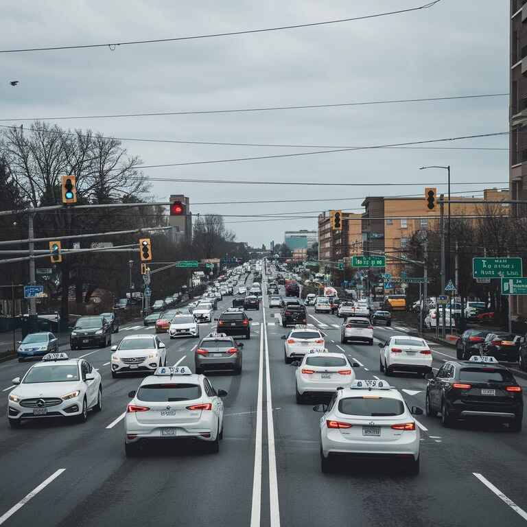  City street with rideshare vehicles following traffic laws alongside other cars