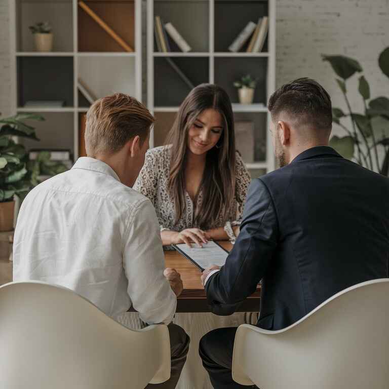 A couple discussing a wedding contract with a chapel representative, emphasizing customer rights and transparency