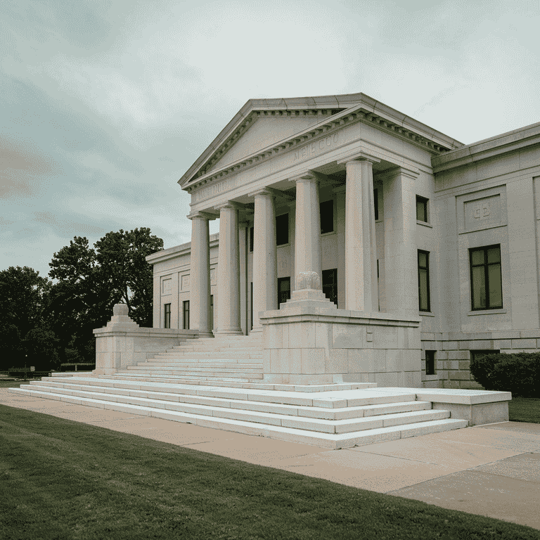 The exterior of a courthouse with a clear blue sky, symbolizing justice and legal proceedings.