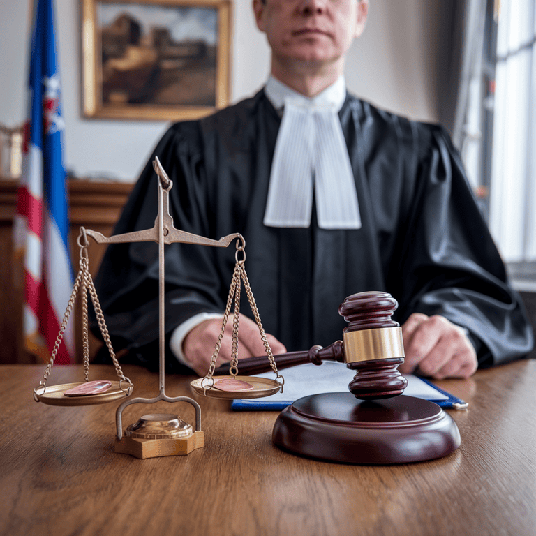 Courtroom with a gavel and scales of justice, representing the defense process in fake ID charges.