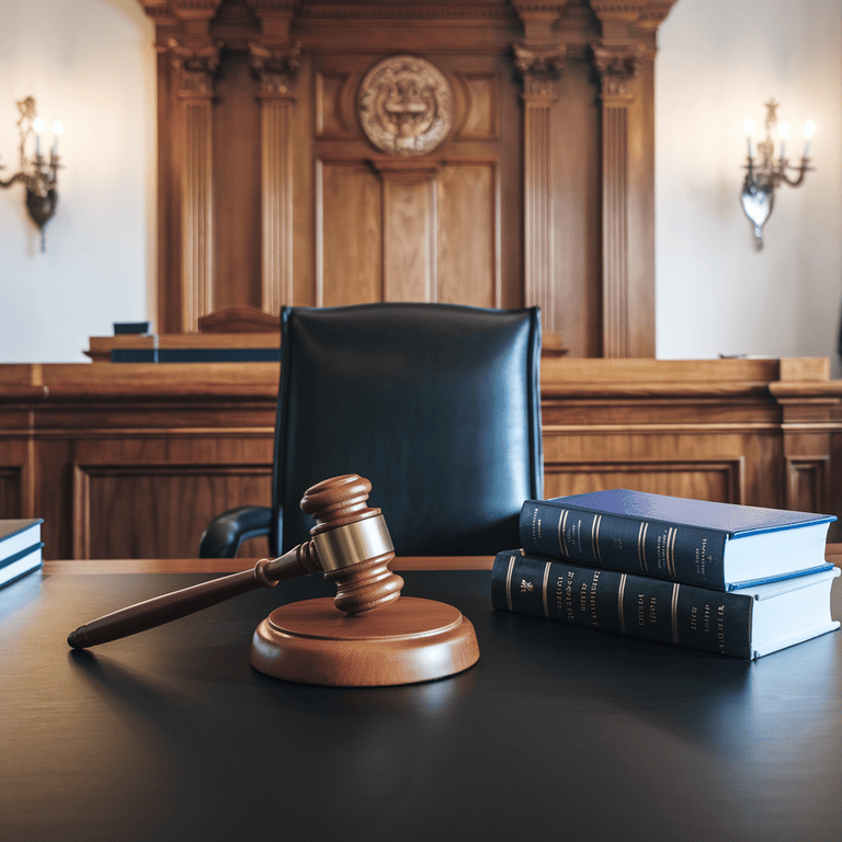 Courtroom setting with a gavel and legal books, representing the legal consequences of fake ID crimes in Nevada.