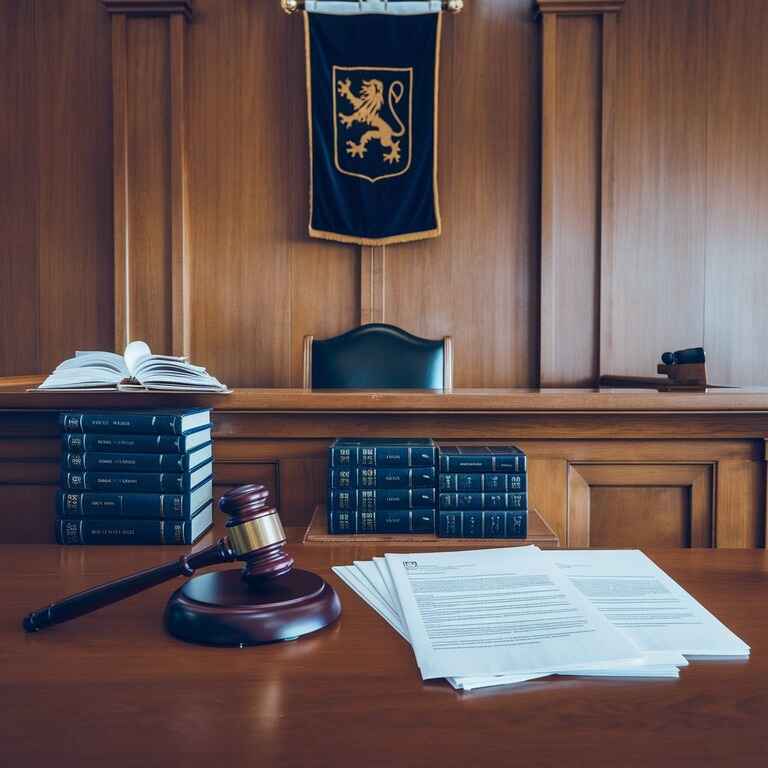 Courtroom setup with legal documents and a judge's gavel