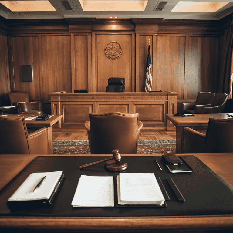 A close-up of a courtroom desk with legal documents and a judge's gavel.