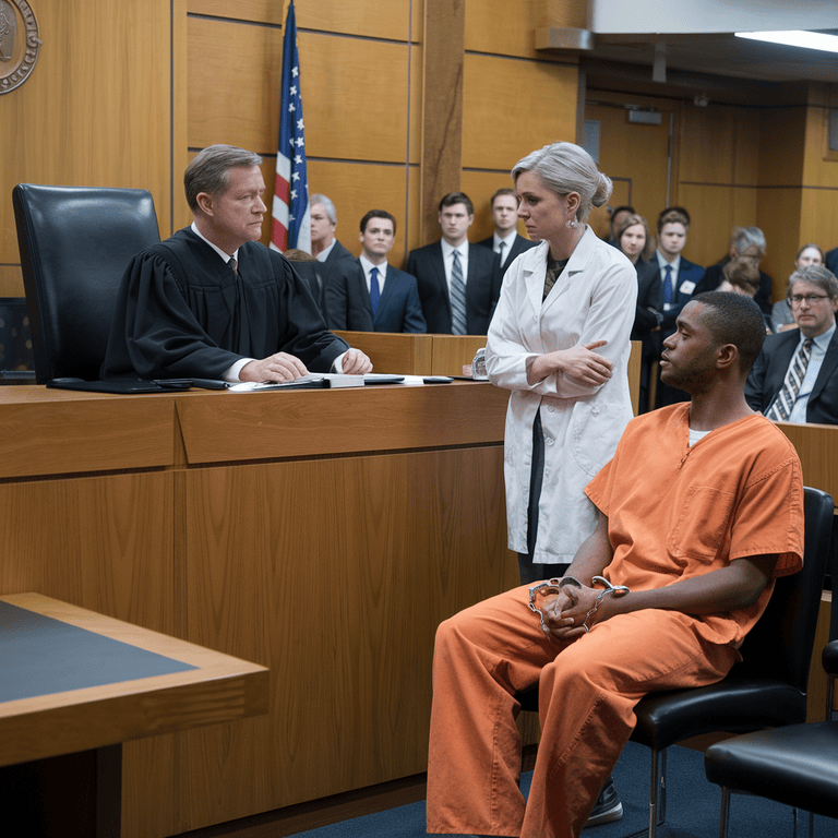 A Nevada courtroom during a mental competency hearing with a judge and mental health expert.