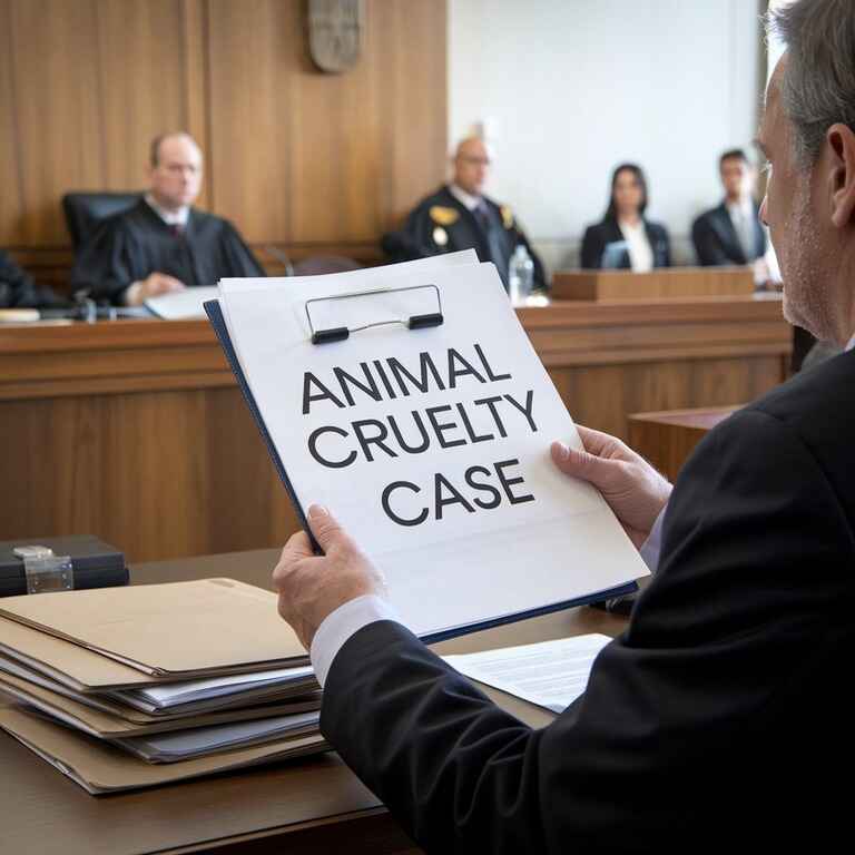 A lawyer presenting evidence in a courtroom during an animal cruelty trial