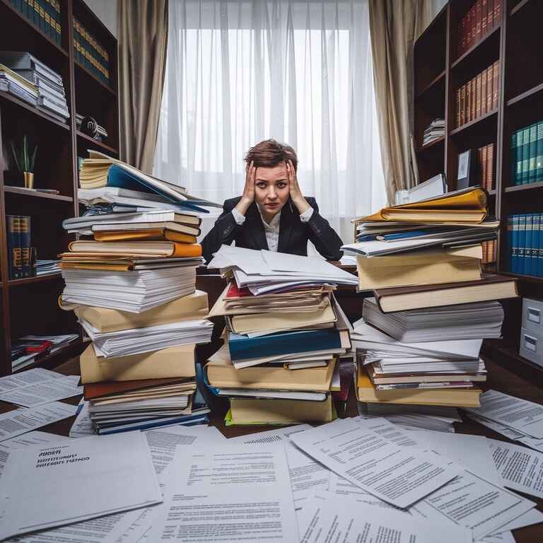 A disorganized pile of legal documents, symbolizing the common mistakes people make when representing themselves in court