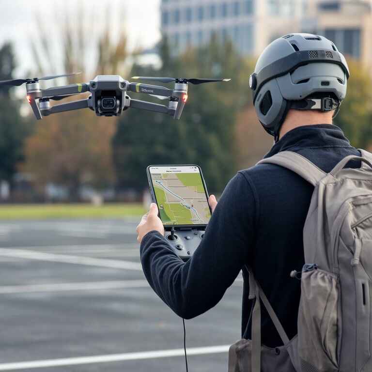 A drone pilot using a mobile app to check resources and plan a flight in Nevada