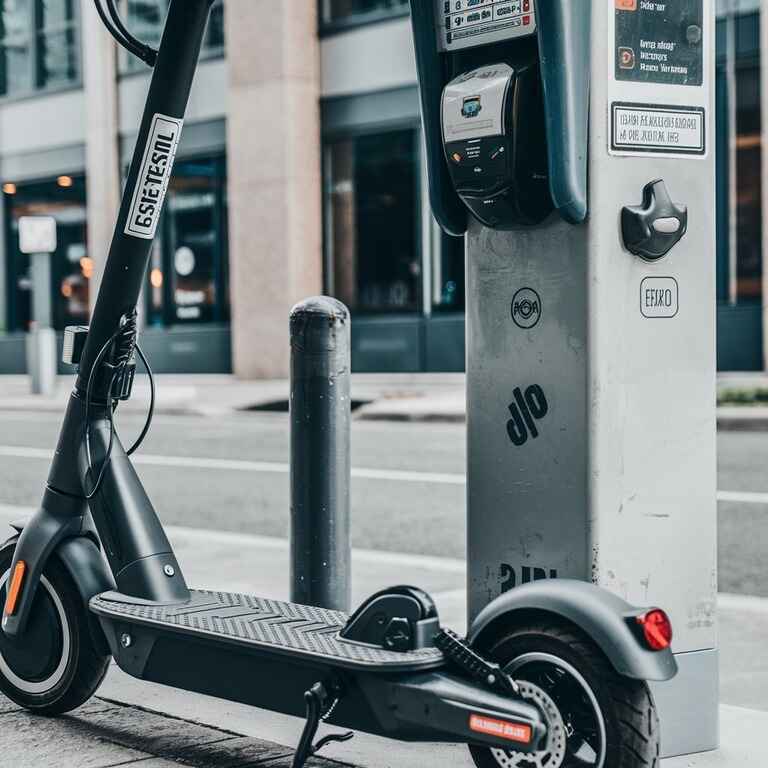 Electric scooter with visible registration sticker, parked by a meter