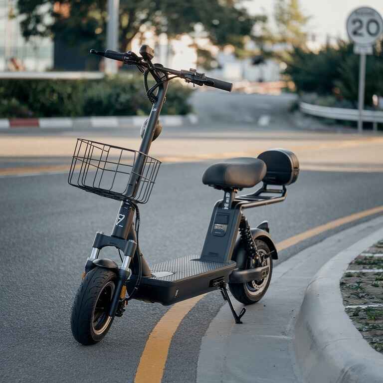 Electric scooter with visible speed limit signs on a road in Nevada