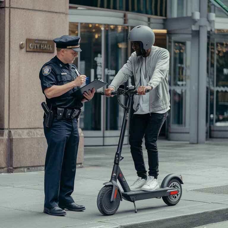 Police officer issuing a ticket to an electric scooter rider in a city