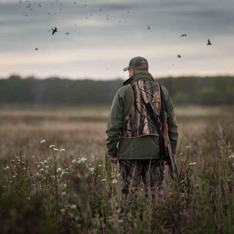 A hunter observing wildlife in a natural, untouched landscape, highlighting the importance of ethical hunting practices and environmental conservation