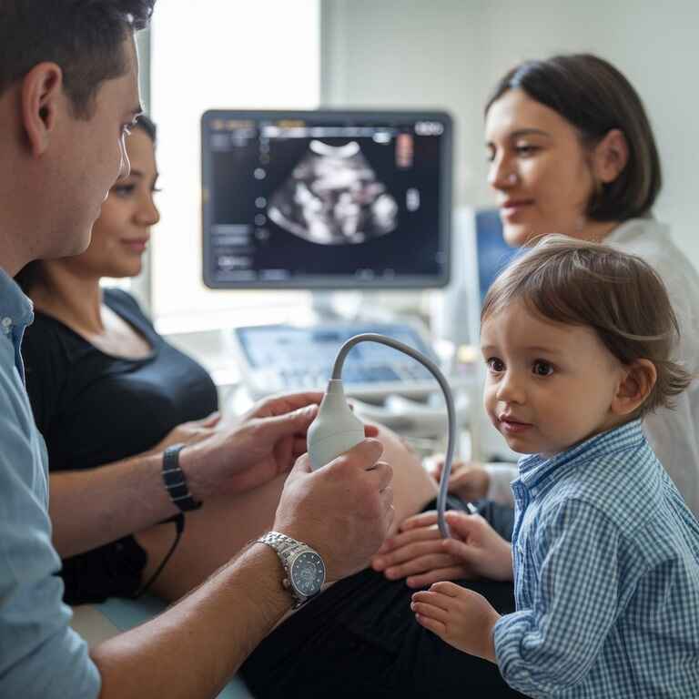 A couple looking at an ultrasound image during a doctor’s appointment