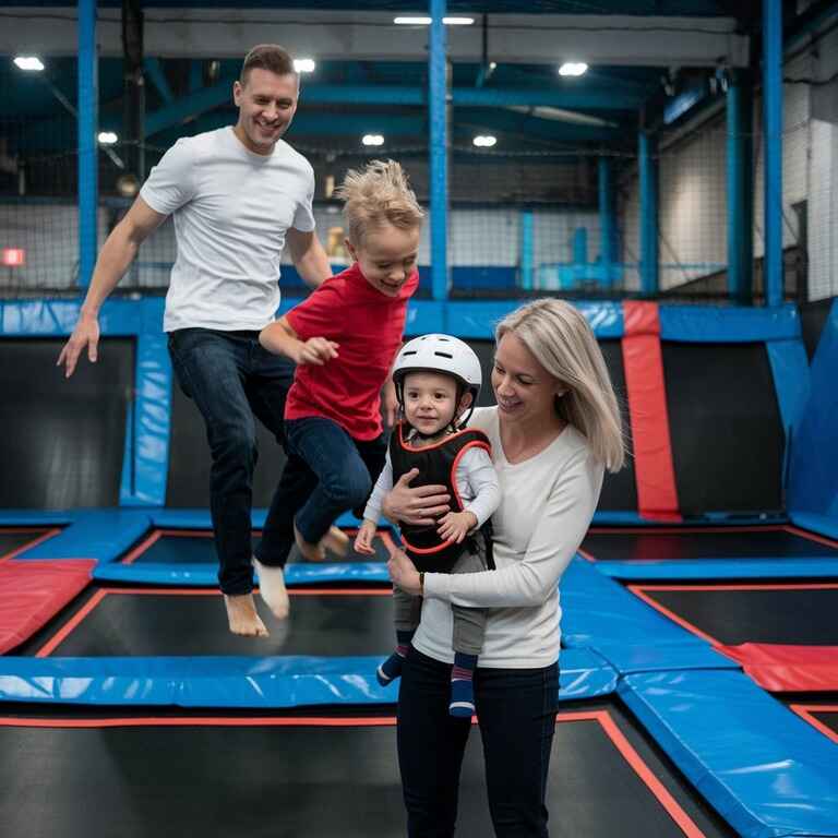 Family practicing safety measures at a trampoline park, jumping in a designated area