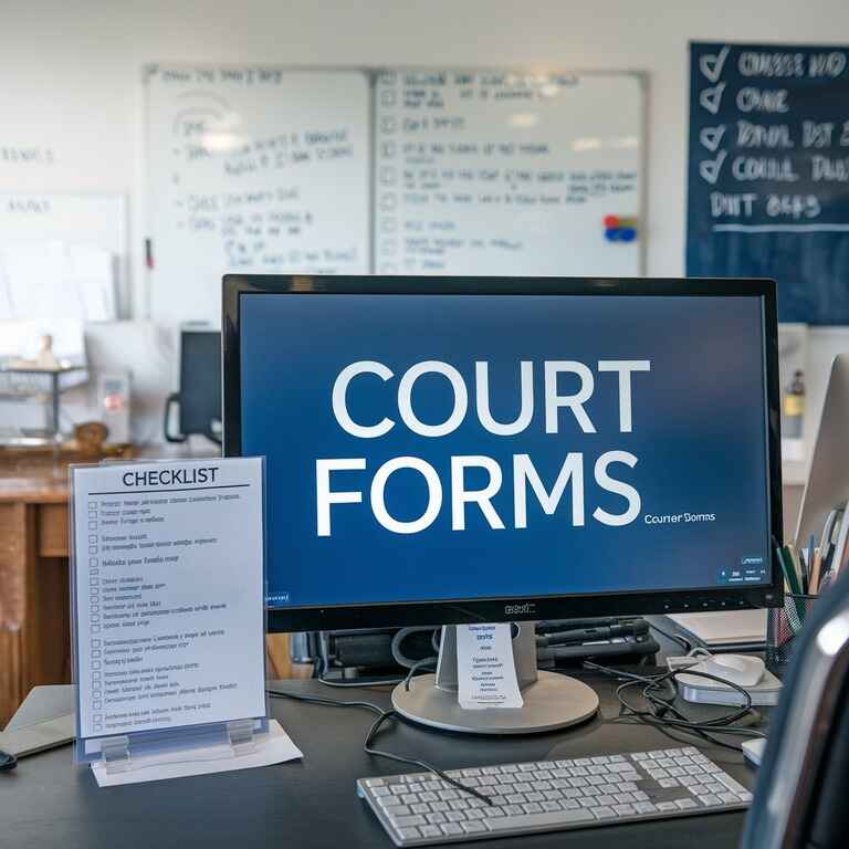 A desk setup for filing court documents online, with a checklist and forms visible