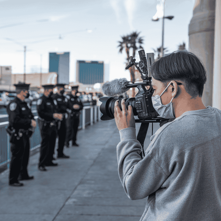 Person filming police officers from a safe distance in Las Vegas