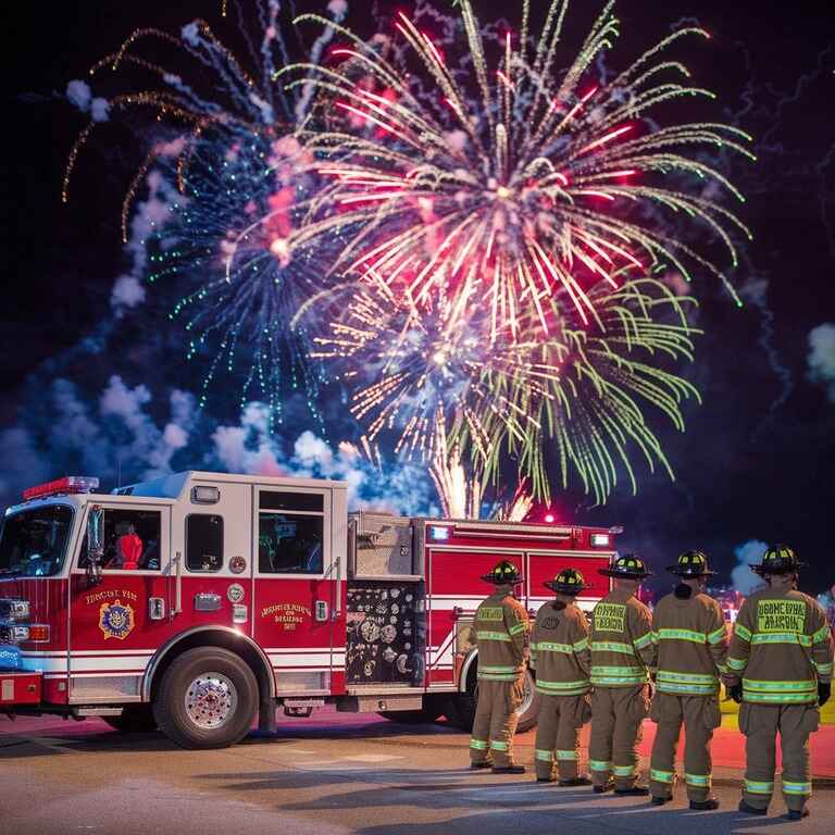 A fire truck parked near a public fireworks display with firefighters on standby, ready for safety measures