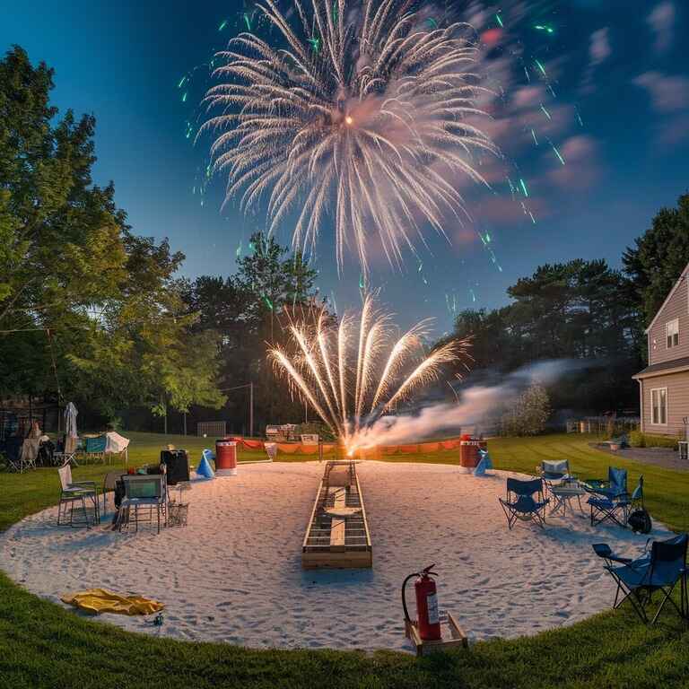 A wide shot of a backyard fireworks display with safety precautions in place, like a fire extinguisher and water source nearby