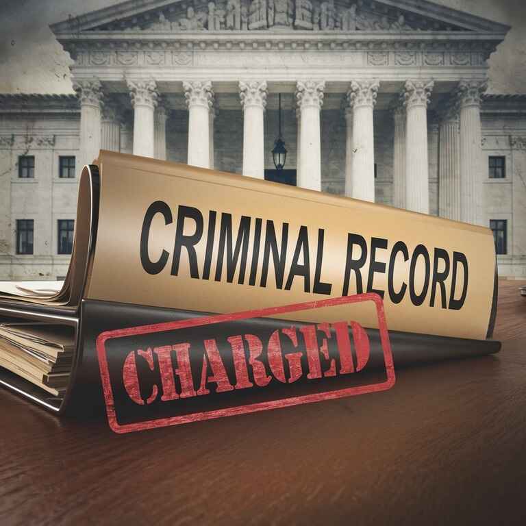 A criminal record file marked with a "charged" stamp symbolizing the impact of forgery charges on one’s criminal record