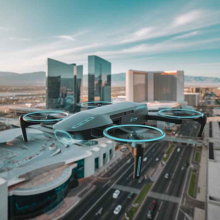 A futuristic drone flying over a Nevada cityscape, representing advancements in drone technology and preparation for the future