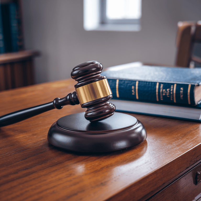 A gavel resting on a wooden surface with a law book, symbolizing criminal and civil liabilities.