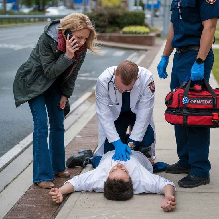 A bystander making a phone call as paramedics provide medical assistance to a person experiencing an overdose