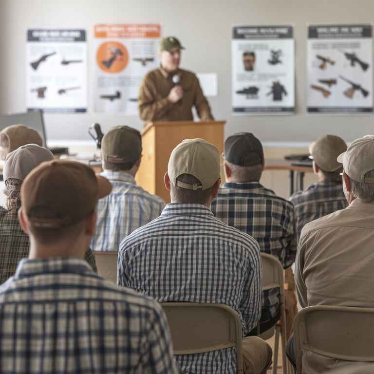 Hunters participating in a safety education course, learning about safe hunting practices