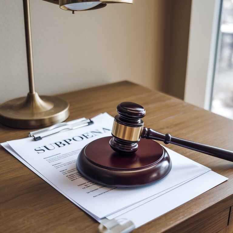 A wooden gavel placed on top of a legal document labeled "Subpoena