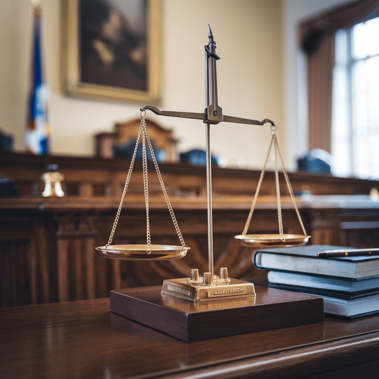 Judge's bench and legal scales illustrating the process of modifying restitution payments.